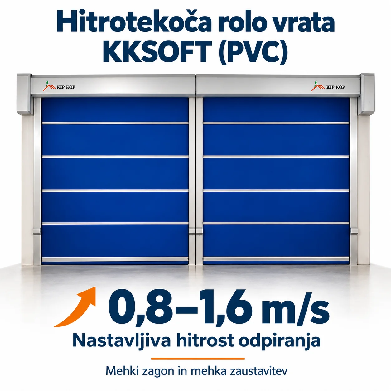 Hitrotekoča rolo vrata KKSOFT (PVC) s hitrostjo odpiranja od 0,8 do 1,6 m/s.